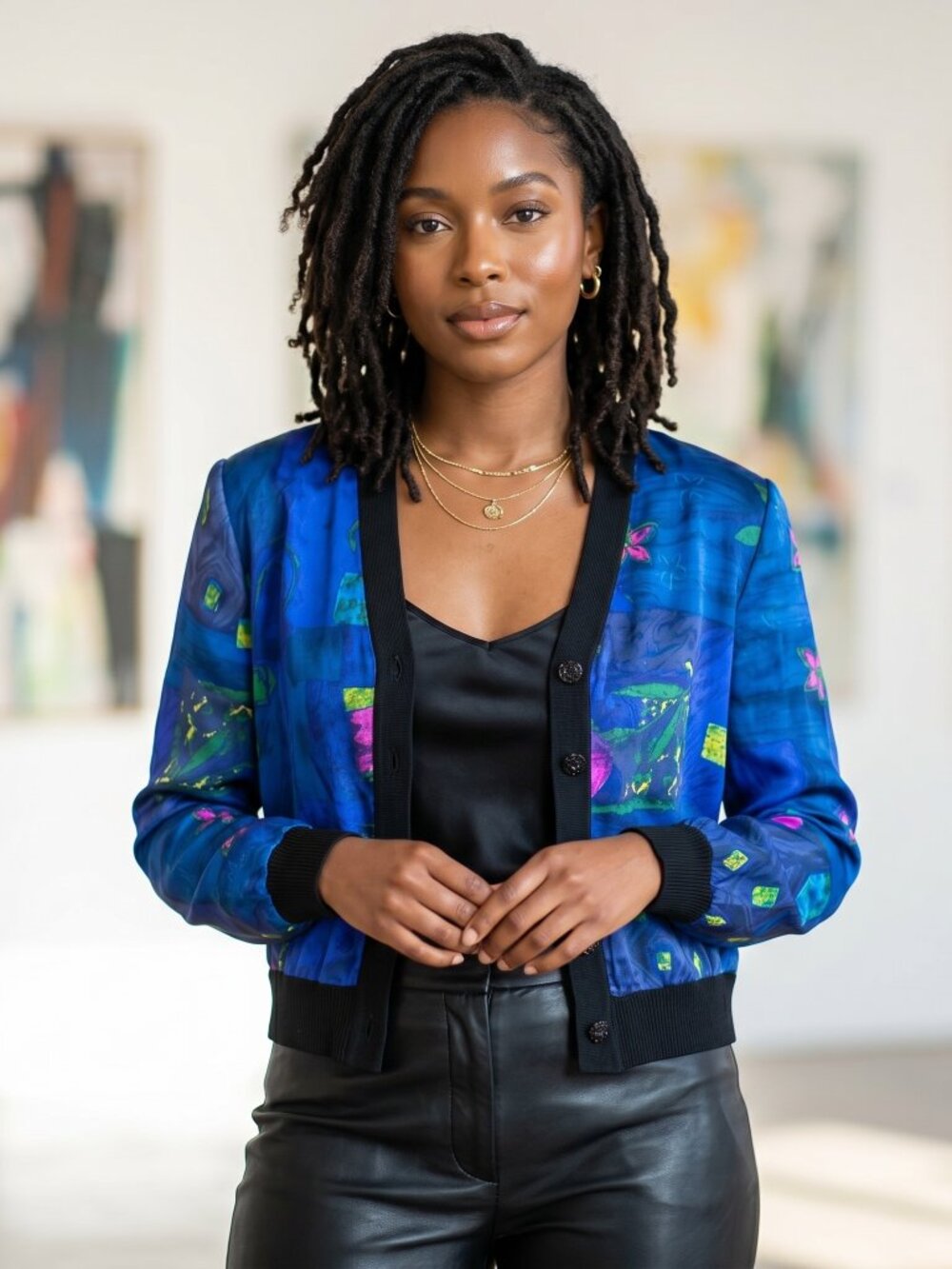 Vintage St. John silk Colorful Patterned Cardigan with knit back